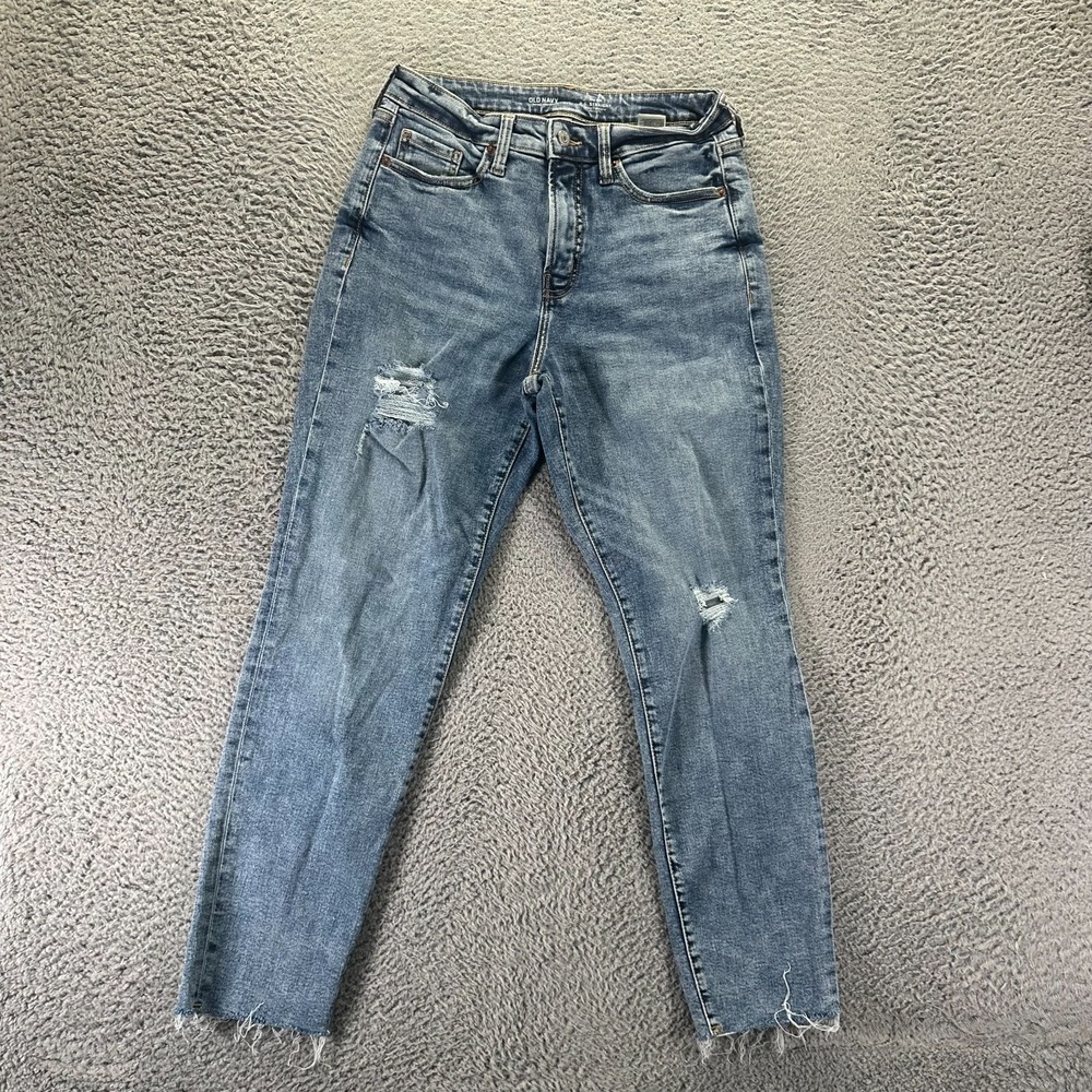 Old Navy OG Jeans Womens 8 Blue Cotton Denim Straight Distressed Raw-Hem Stretch